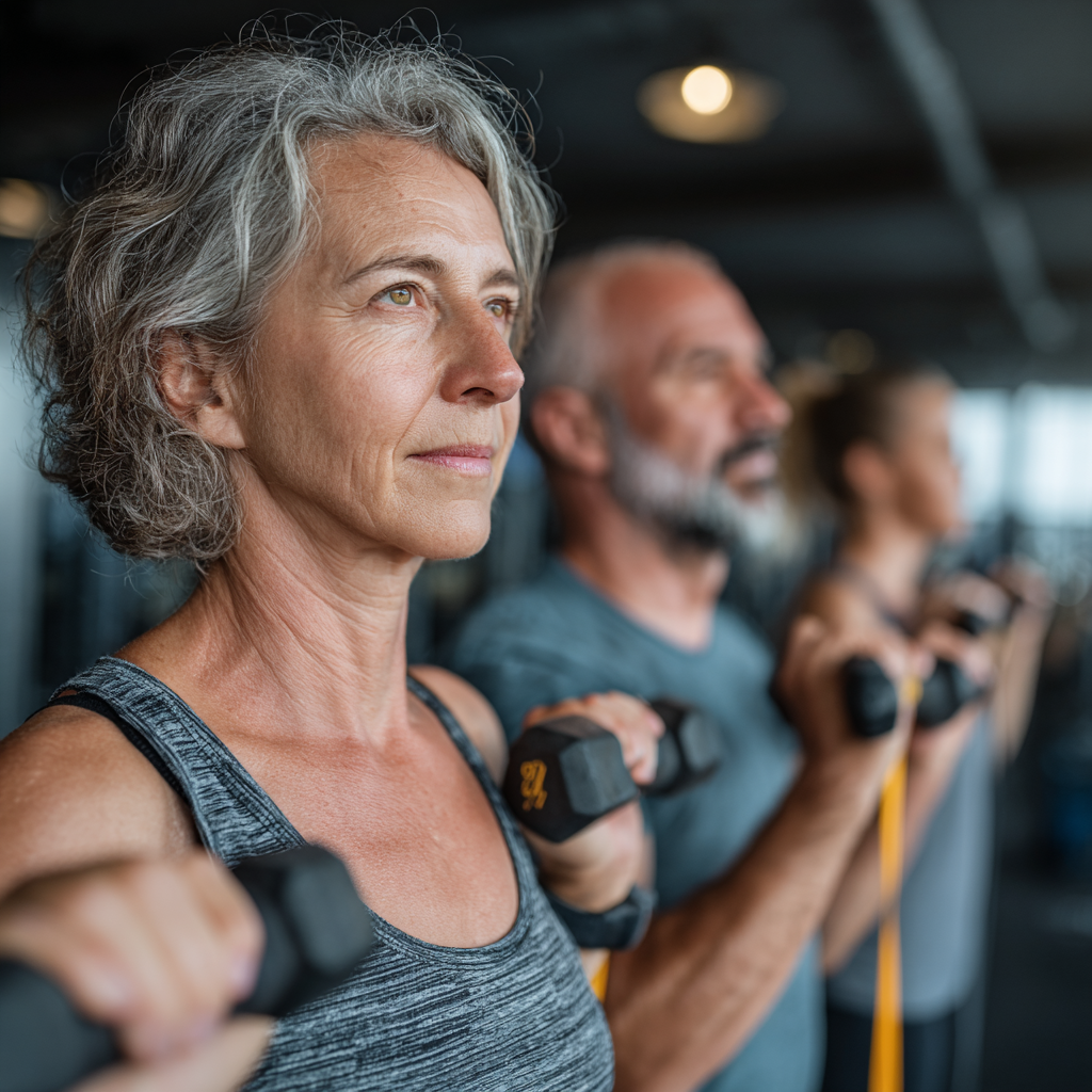 Mature adults aged 45-55 doing functional fitness exercises in modern gym with resistance bands and light weights, focused and energetic