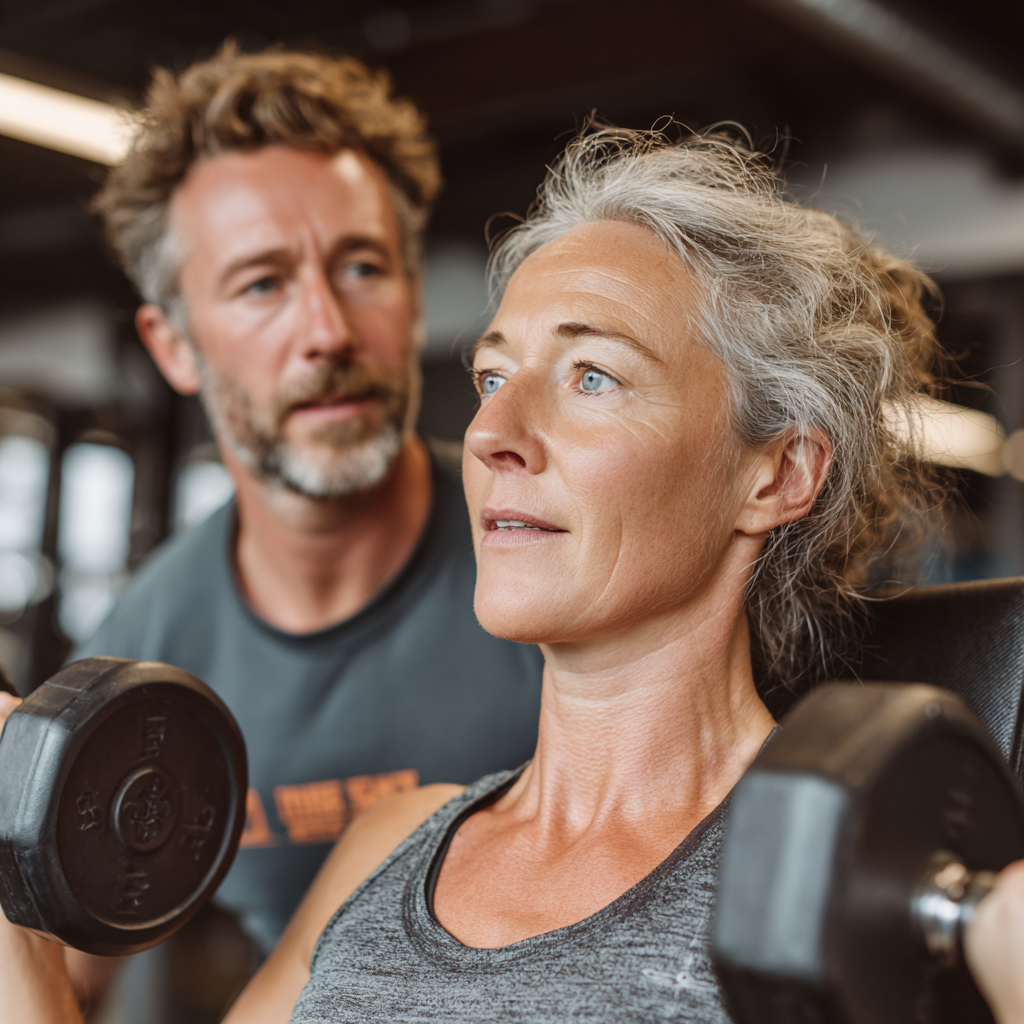 Personal fitness trainer working with middle-aged client aged 50 in gym, providing individual guidance during strength training session
